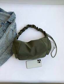 1pc Nylon Fabric Multi-Pocket Dumpling Crossbody Bag, Women Casual Pleated Drawstring Shoulder Bag, Slouchy Bohemian Hobo Bag - 軍綠色 - 查看 4
