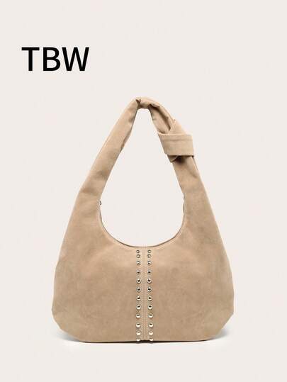 Women's Crescent-Shaped Shoulder Bag, Solid Color Suede, Large Capacity, Rivet Decor, Vintage Versatile Commuter Style Shoulder Bag, Suitable For Outings