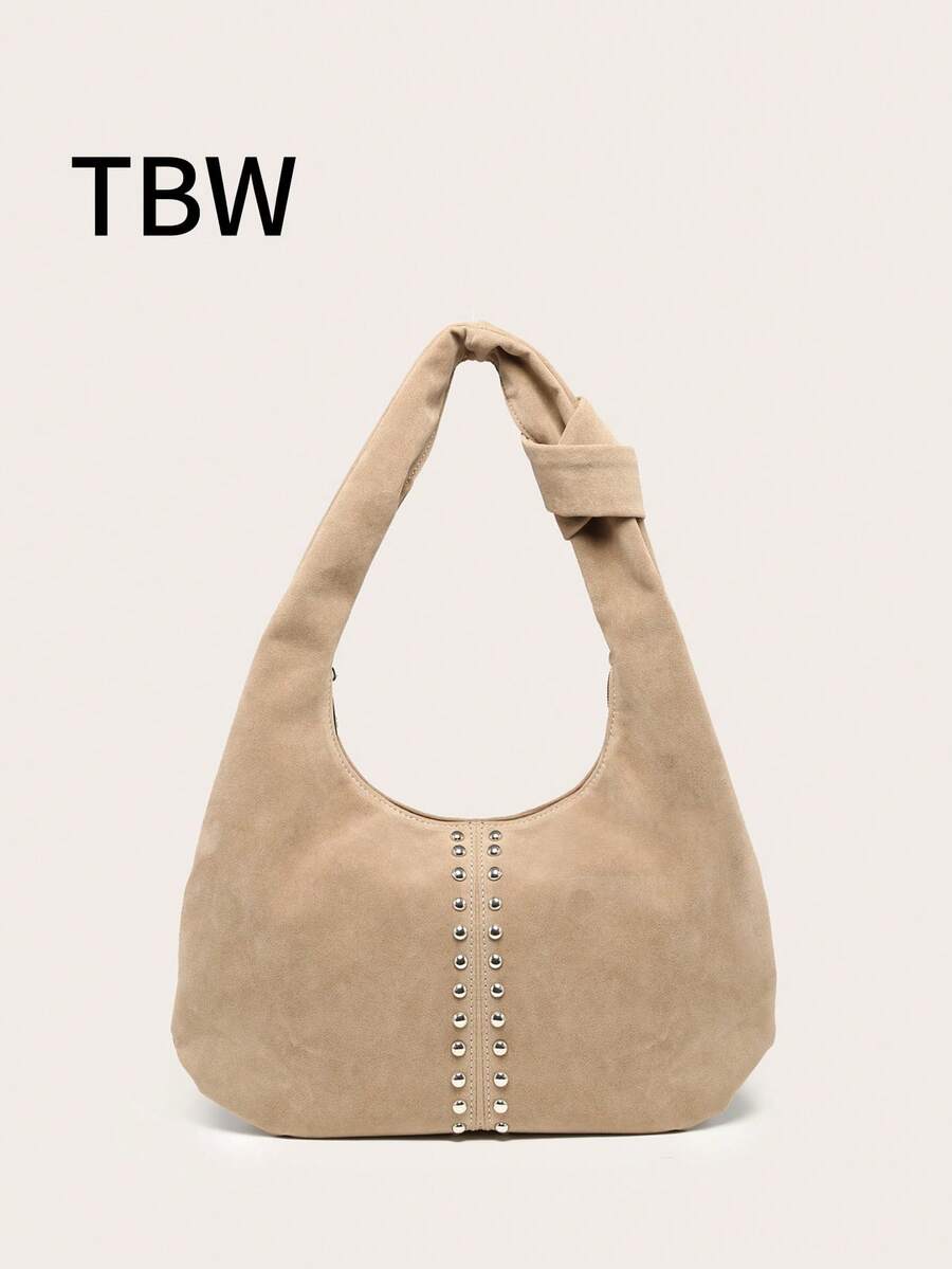 女士新月形单肩包，纯色麂皮，大容量，铆钉装饰，复古百搭通勤风单肩包，适合外出 - 卡其色 - 查看 1