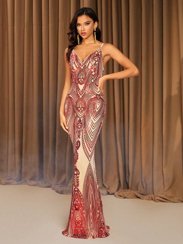 LOVE&LEMONADE Abito da sera con scollo a V rosso, decorato con paillettes (motivo floreale casuale sul retro, non abbinato)