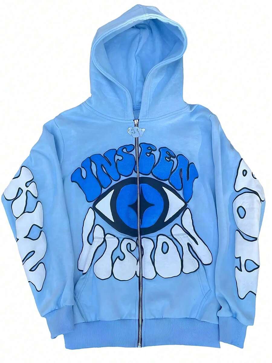 Men's Sky Blue Zipper Cardigan Hoodie UNSEEN VISION Eye Pattern Autumn Hip-Hop Fashion Jacket For Women Halloween Gifts - Màu xanh bụi bặm - Xem 1