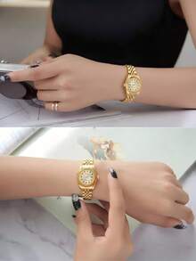 PROKING 1pc Women's Stainless Steel Gold-Tone Case & Band Business Fashion Red Crystal Quartz Watch, Elegant & Luxury, Suitable For Daily Decoration, Birthday Gift - Gold - View 8