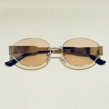 Retro Oval Fashion Metal Glasses, Classic Design For Outdoor, Travel, Beach, Casual, Summer Sun Protection, Preppy Style For Back To School, Shield Shape - Màu be - Xem 2