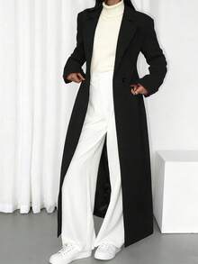 Women's Autumn/Winter Contrast Color Striped Double-Breasted Office Overcoat - Black - View 1