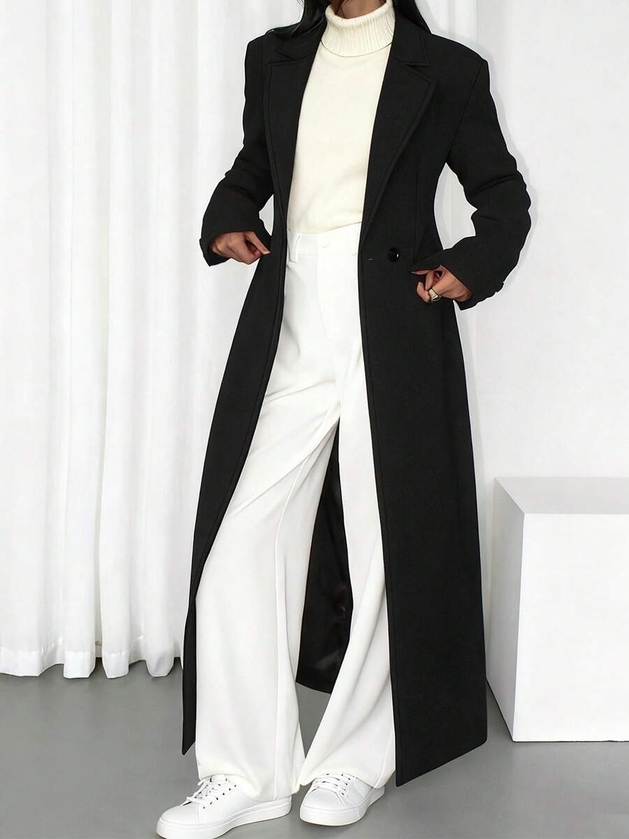 Women's Autumn/Winter Contrast Color Striped Double-Breasted Office Overcoat - Black - View 1