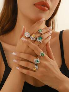 1 Stück verstellbarer Kupferring mit weißer Goldplattierung und Zirkonia-Diamanten, luxuriöser tropfenförmiger offener Ring, Kronenring, geometrischer Ring, Paraiba-Turmalin-Ring, Geschenk zu Feiertagen/Geburtstag