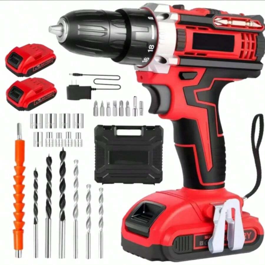Taladro Espiral Eléctrico Inalámbrico Rojo Kit: Potencia Hasta 440W, 2 Baterías, Amplia Gama de Accesorios, Gancho Desmontable y Dispositivo de Nivelación, Ideal para Reformas Hogar, Trabajos de Madera, Reparaciones Diarias para Satisfacer Variadas Necesidades de Trabajo - Rojo - Ver 1
