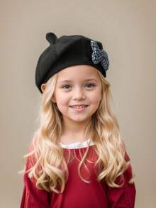 1pc Girls' Plaid Bow Knitted Beret Hat, Beige