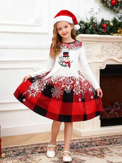 Vestido fofo casual e confortável para meninas, com gola redonda, boneco de neve e floco de neve, xadrez, manga comprida, adequado para uso diário, férias, festa elegante, formatura, volta às aulas, Natal