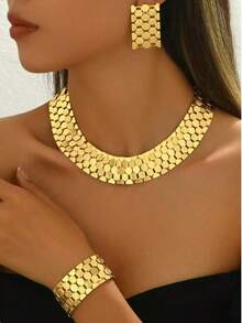18K Gold Plated 4pcs Vintage Multilayer Gold Necklace, Earrings, Bracelet Jewelry Set, Fashionable & Versatile For Women