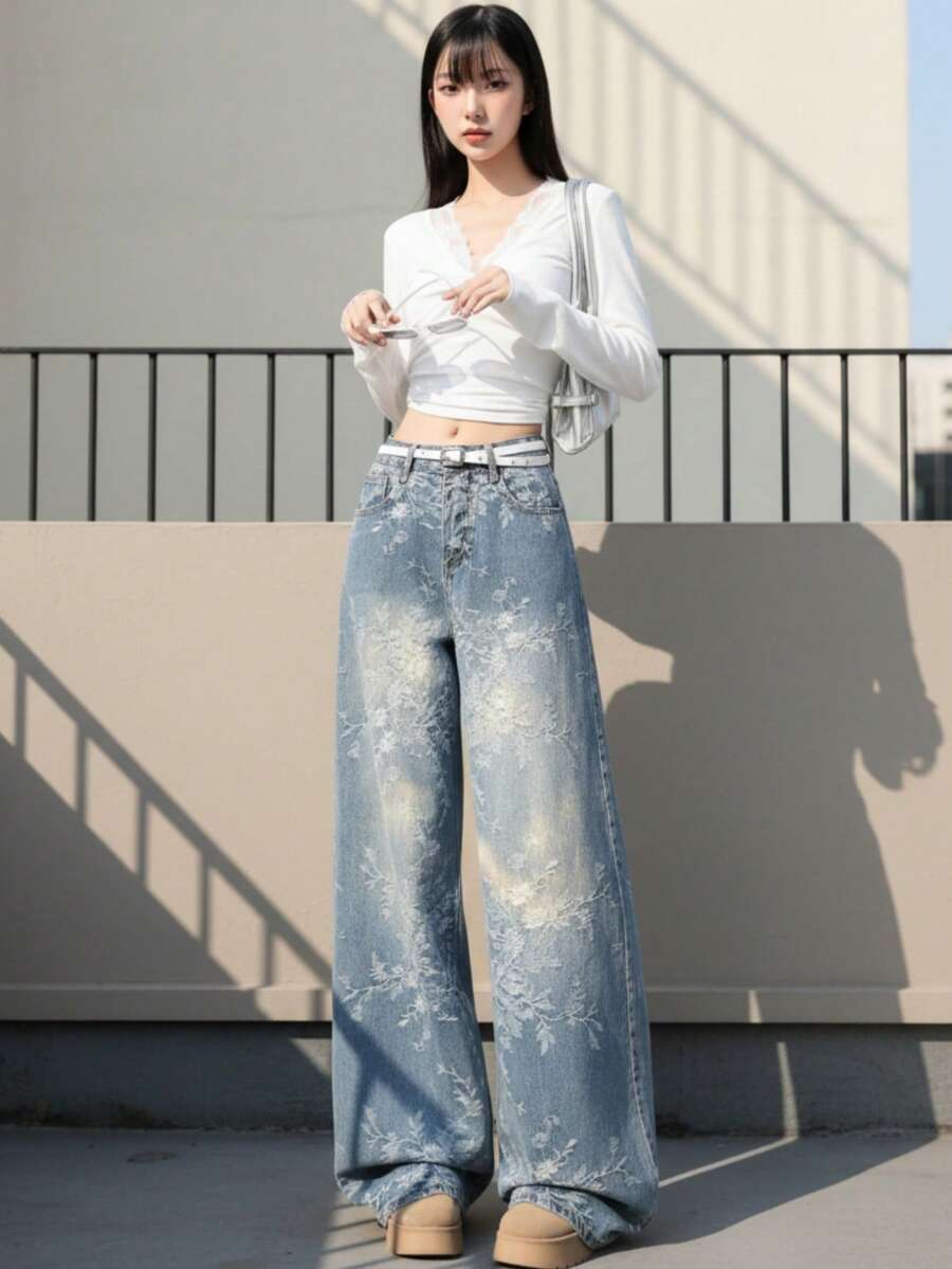 YEAE | 女士派对风阔腿牛仔裤，带纽扣口袋和拉链细节，长款无弹面料，休闲春季款 - 中等水洗藍 - 查看 1