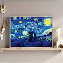 1 pieza Pintura en lienzo de arte, Pintura al óleo de Van Gogh en lienzo, Póster de gato bajo las estrellas, Decoración de pared para baño, dormitorio, oficina, sala de estar, sin marco, pósteres para habitación, decoración del hogar, decoración de habitación vintage, decoración de pared Cottagecore