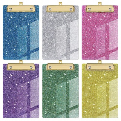 1pc Sparkling Glitter Acrylic Clipboard - Durable PMMA Material, 6 Vibrant Colors (Blue, Pink, Green, Purple, Yellow, White) With Metallic Edges & Sparkling Glitter - Compact Portable Design For Classroom, Office, School, Notebooks & Journals