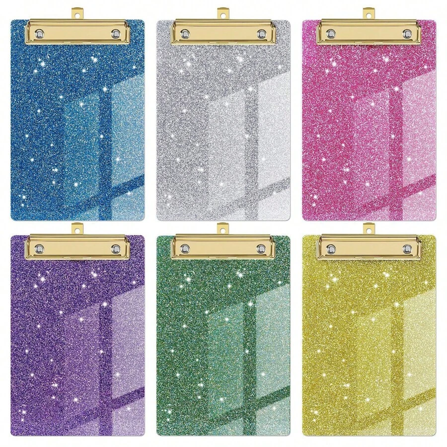 1pc Sparkling Glitter Acrylic Clipboard - Durable PMMA Material, 6 Vibrant Colors (Blue, Pink, Green, Purple, Yellow, White) With Metallic Edges & Sparkling Glitter - Compact Portable Design For Classroom, Office, School, Notebooks & Journals