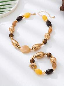 2 Pieces Set Of Vintage Thick Resin Luxury Luxury Luxury Gold Beeswax Colored Multi Colored Bead Necklace And Bracelet, Suitable For Women's Daily Wear And Bohemian Retro Style