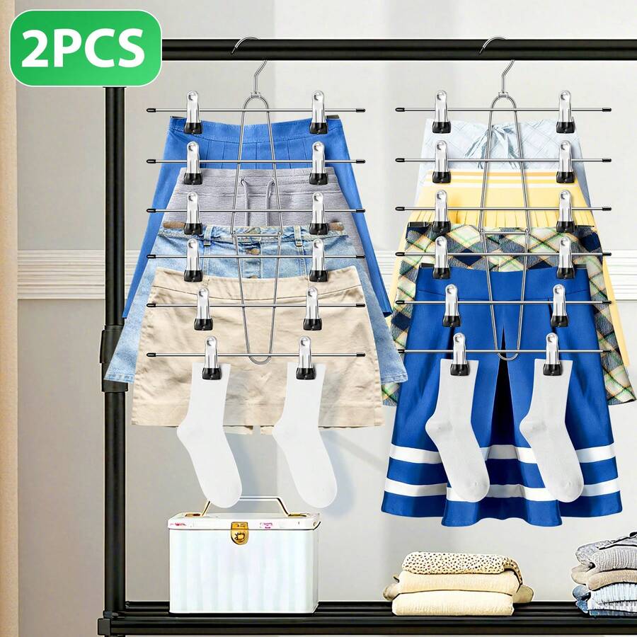 6-Story Skirt Hanger With Clips For Pants Skirts Underwear And Other Clothes,With 360 °Swivel Hook Space Saving Suitable For Room Decor|Bedroom Decor,Closet Organizers And Storage - 2pcs Silver - View 1