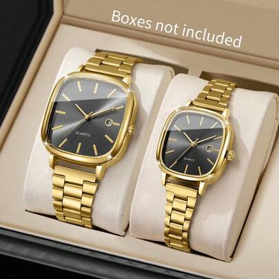 2 件/套时尚情侣简约表盘日历石英腕表，经典时尚