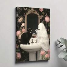 1PC Black Cat Is Sitting On A White Sink, Right In Front Of It12X16inch And 16x24inch Framed , Classic Wooden Frame, Suitable For Living Room, Bedroom, Bathroom And Other Decorations, Perfect Gifts For Christmas, Halloween And Thanksgiving