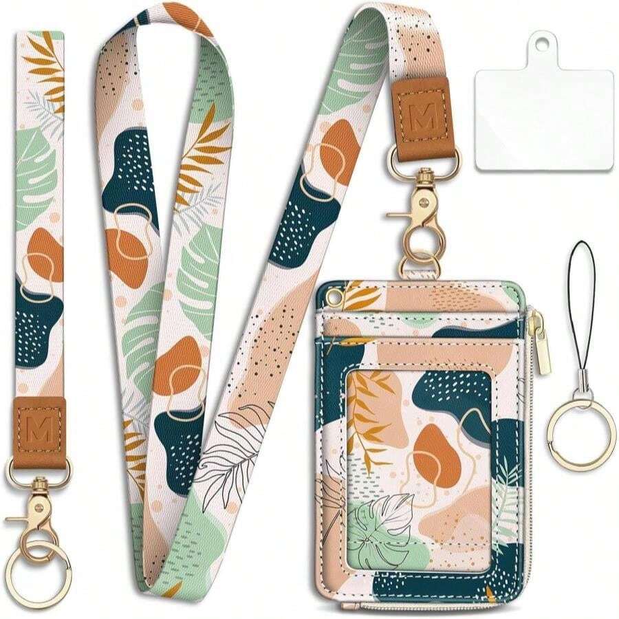 Mavellin Lanyard Wallet With Id Badge Holder, Bookshelf RFID Small Keychain Wallet Women Wristlet, Cute Zipper Credit Card Holder Phone Wrist Neck Strap For Key Name Tag, Teacher Student Office Gifts - ColorC - View 1
