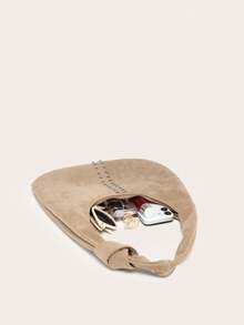 女士新月形单肩包，纯色麂皮，大容量，铆钉装饰，复古百搭通勤风单肩包，适合外出 - 卡其色 - 查看 4