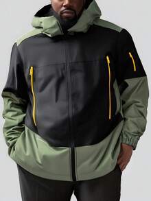 大码男士撞色长袖连帽夹克，春秋季 - 軍綠色 - 查看 1