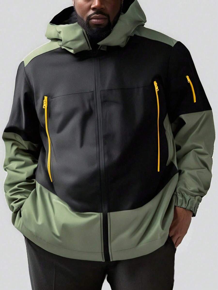 大码男士撞色长袖连帽夹克，春秋季 - 軍綠色 - 查看 1