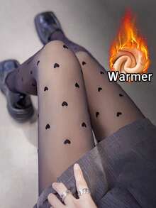 1 双 220g/80g/300g 秋冬羊毛连裤袜，黑色紧身裤和爱心图案厚毛绒保暖打底裤，适合 -5-25°C - 黑色 - 查看 4