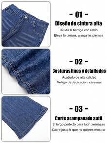 Jeans Acampanados de Alta Elasticidad para Mujer en Azul Lavado con Bolsillos Laterales con Solapa - Ajuste Cómodo, Denim Rasgado y Elegante para Uso Casual - Azul lavado medio - Ver 8