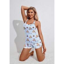 Women's Cami Pajama Set Sleeveless Racerback Tank Top Soft Sleepwear For 2025 - Blue Striped Teddy Bear - View 5