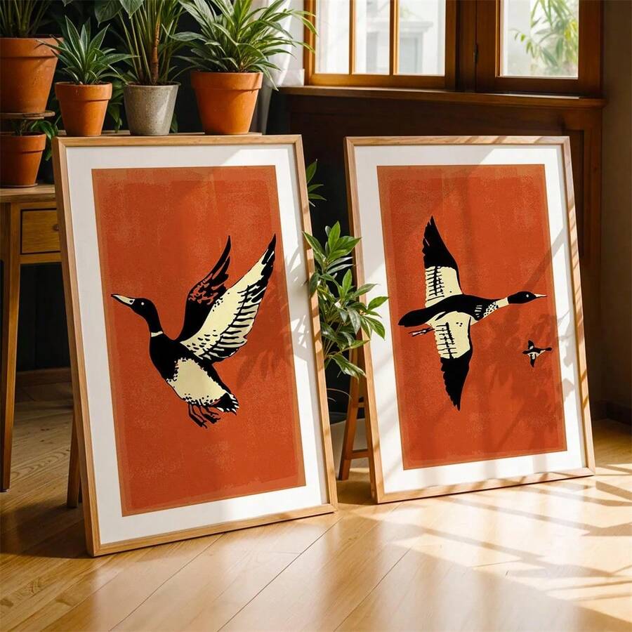 1幅无框复古野鸭艺术版画，鸟类狩猎海报，户外墙面装饰画，家居办公室装饰，自然主题墙面艺术，狩猎礼物 - 彩色 - 查看 1
