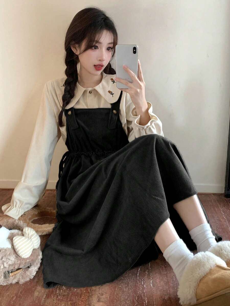 Váy yếm rộng midi trơn màu mùa hè 2025, không bao gồm áo sơ mi - màu đen - Xem 1