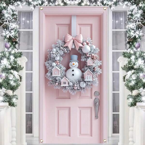 1pc Contemporary Polyester Christmas Wreath With Snowman & Houses, No Electricity Needed, Featherless, Versatile Hanging Ornament, With Indoor & Outdoor Decor For General Use
