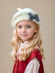 1pc Girls' Plaid Bow Knitted Beret Hat, Beige