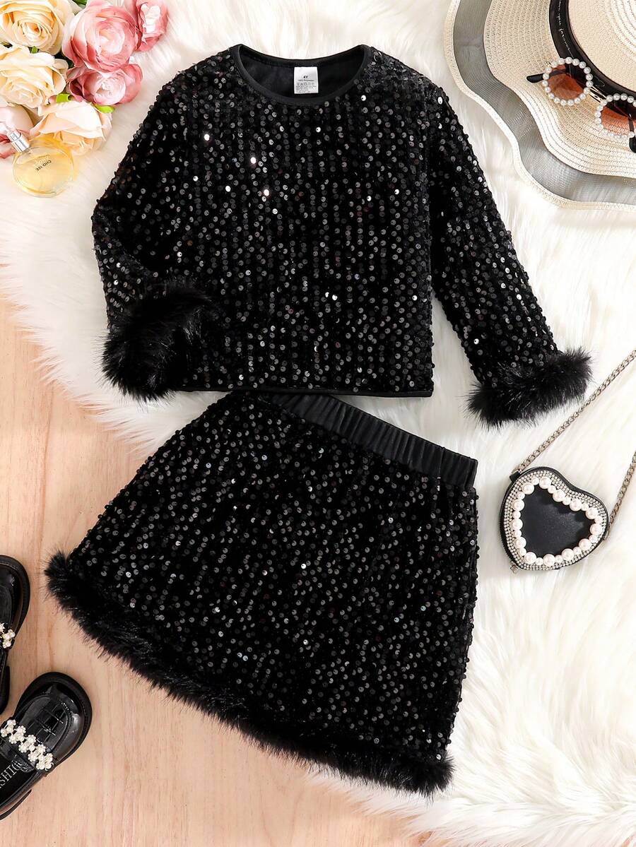 2 sztuki/zestaw dziewczęcy: koszulka z cekinami w groszki i spódnica z elastyczną talią, modny i elegancki okrągły dekolt, puszysty brzeg rękawów, odpowiedni na wiosnę, jesień, zimę, imprezę na świeżym powietrzu, prezent urodzinowy, 4-8 lat - Czarne - Zobacz 1