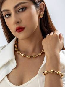 imoli 1 Set Minimalist Fashionable Gold-Tone CCB Beaded Curved Tube Niche Design Elegant Jewelry Set, Perfect Gift For Women To Wear Casually In Any Occasion
