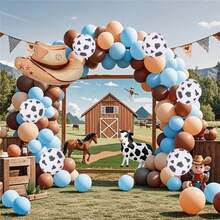 110 piezas Conjunto de arco de globos con temática de vaquero occidental, que incluye globos de látex de color azul, marrón, beige y con estampado de vaca, adecuado para decoración de fiestas con tema de granja o vaquero, fiestas de cumpleaños, Acción de Gracias y otras decoraciones - Multicolor - Ver 2