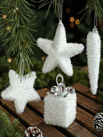 Christmas Gift Package With White Foam, Colorful Gift Decorations, Hanging Ornaments, And Colorful Christmas Tree Ornaments.