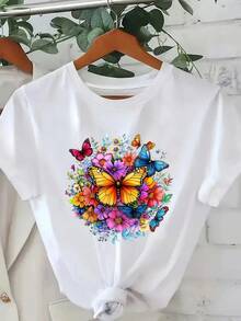 Ladies' 220g pure cotton T-shirt with watercolor butterfly floral pattern, floral style, soft and breathable in autumn, moisture wicking, , popular and trendy T-shirt recently, suitable for casual wear, the best gift choice - Blanco - Ver 1
