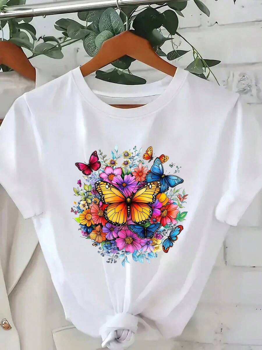 Ladies' 220g pure cotton T-shirt with watercolor butterfly floral pattern, floral style, soft and breathable in autumn, moisture wicking, , popular and trendy T-shirt recently, suitable for casual wear, the best gift choice - Blanco - Ver 1