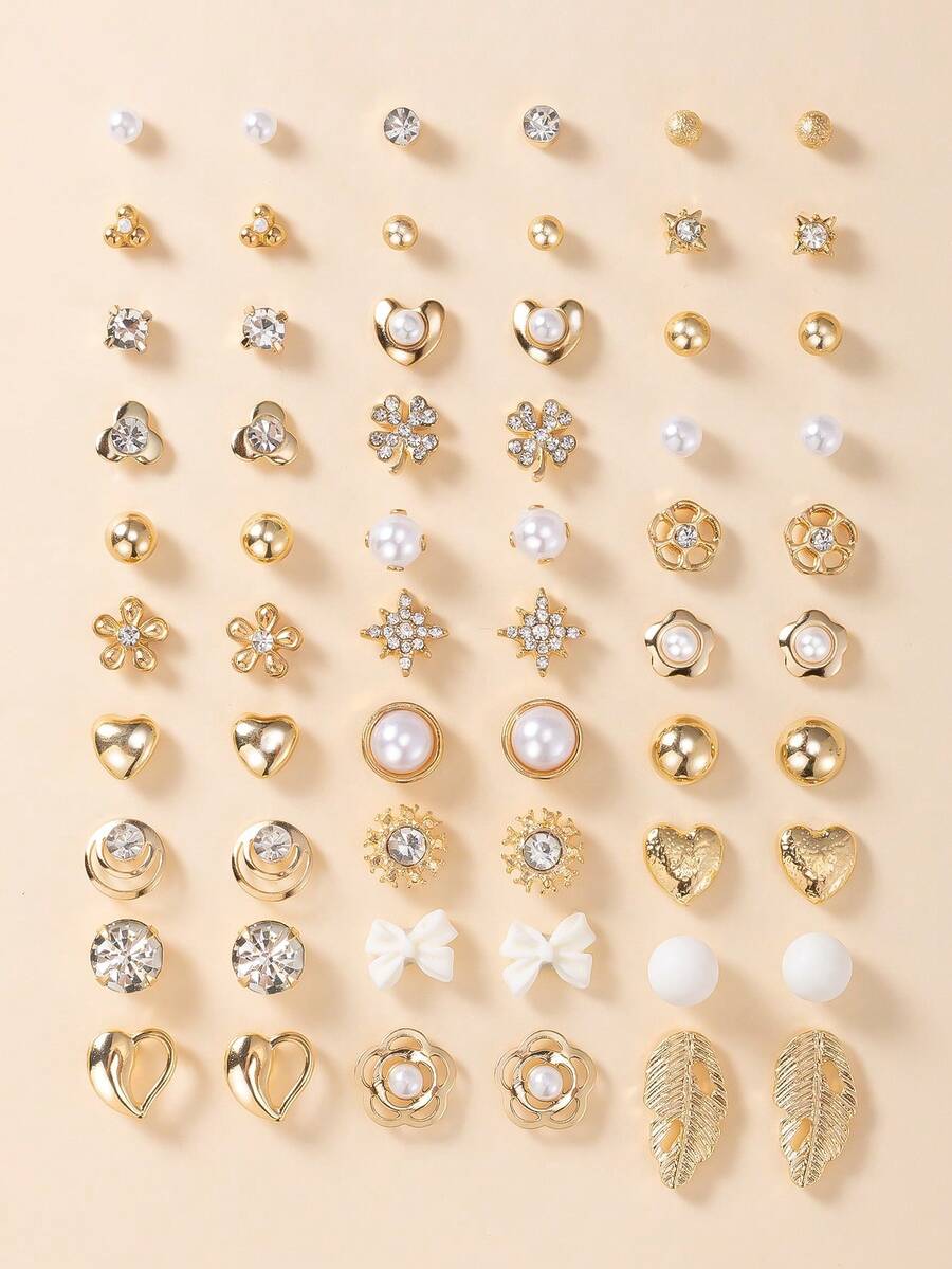 30 对优雅简约金属仿珍珠小花水钻心形蝴蝶结耳钉套装，奢华女士礼物 - 金黃色 - 查看 1