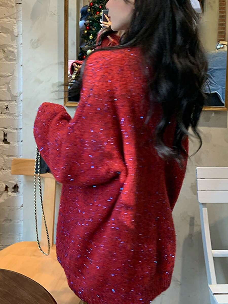 女士秋冬新款花卉透视设计中长款套头衫 - 紅色 - 查看 1