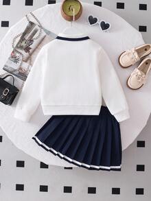 2 件年轻女孩春秋时尚百搭服装套装 - 卡通心形 Polo 衫长袖上衣 + 宽松百褶裙，休闲，适合小女孩 - 白色 - 查看 2