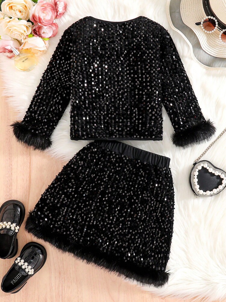 2pcs/Set Girls Polka Dot Sequin T-Shirt & Elastic Waist Skirt Set, Fashionable & Elegant Round Neck Fluffy Sleeve Hem Design, Suitable For Spring, Autumn, Winter, Outdoor Party, Birthday Gift, 4-8 Years - Black - View 2
