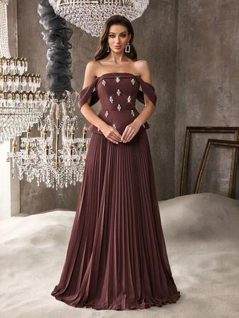 Chic Strass Fest Formell Klänning Dam Diamantutsmyckad Aftonklänning För Välgörenhetsbal, Galor, Middag, Födelsedagsfest Enfärgad Ärmlös Rygglös Plisserad Klänning