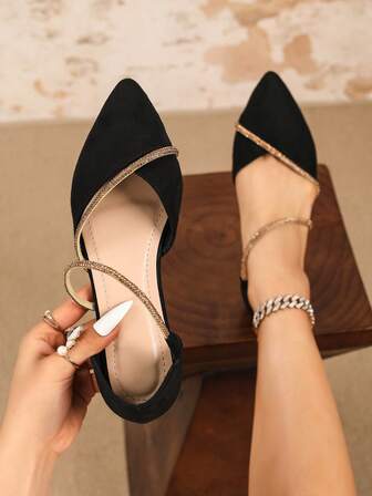 女士平底鞋 V 型设计尖头平底鞋，带金色水钻装饰镂空凉鞋芭蕾平底鞋，黑色绒面舒适女士平底凉鞋，春秋户外派对舞鞋，黑色单带平底鞋，黑色平底鞋