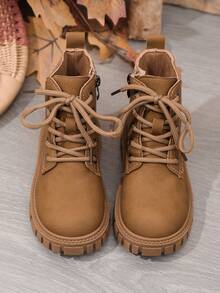 1 Paar braune einfarbige weiche PU-Leder Stiefel für Teenager & Kinder, seitliches Elastikpanel, Schnürung vorne, runde Zehenkappe, warme dicke Sohle, klassischer Chelsea-Stil, geeignet für 3-12 Jahre alte Jungen & Mädchen, Lässig, Schule, Urlaub, Herbst/Winter