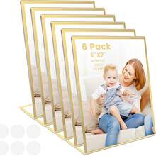 Acrylic Gold Frames 5X7, Slanted Back Gold Picture Frames Table Acrylic Sign Holder For Photos Wedding Table Numbers And Art Display With Removable Clear Sticky Dots,6Pack/15Pack