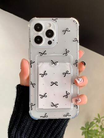 1 件蝴蝶结绘画图案透明卡夹全覆盖防摔 TPU 简约手机壳适用于 11 12 13 15 14 16 17 Pro Max