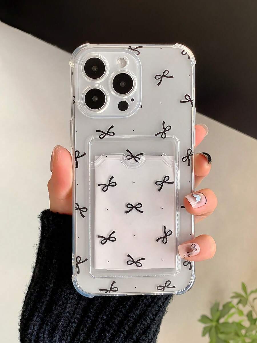 1 件蝴蝶结绘画图案透明卡夹全覆盖防摔 TPU 简约手机壳适用于 11 12 13 15 14 16 17 Pro Max