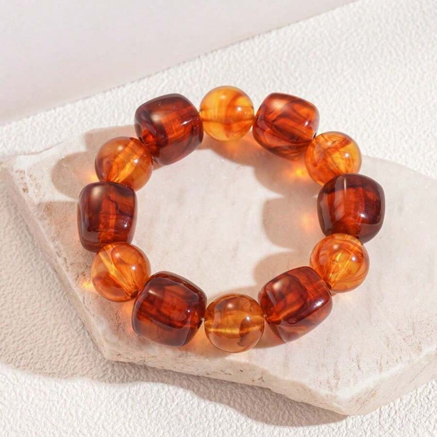 1PC Bohemian Women Multicolor Acrylic Geometric Bead Stretch Bracelet For Pastel & Vibrant Colors, Smooth Spherical Beads, Everyday Wedding Vacation Jewelry, Valentine's Day Birthday Gift, All-Season Wear - 棕色 - 查看 1